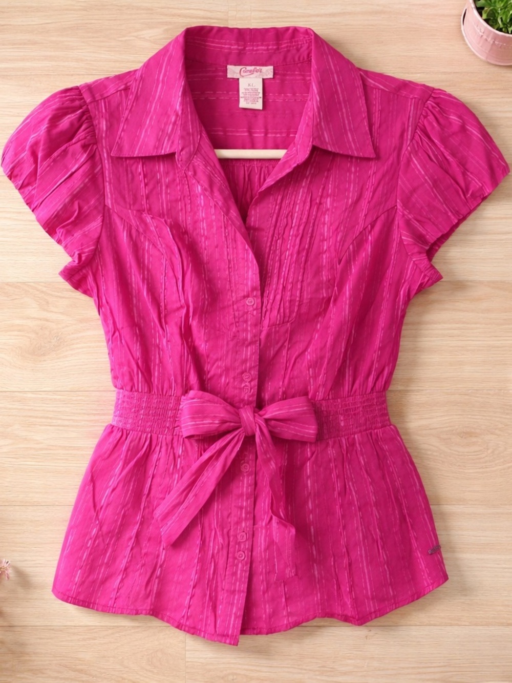 Candie's Hot Pink Button-Front Tie-Waist Blouse - Picture 3 of 6